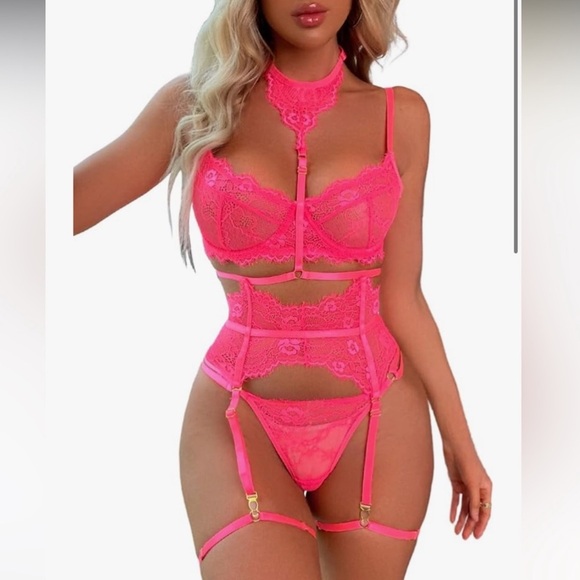 Other - Neon Pink Lace 4 Piece Lingerie Set with Choker and Garters.